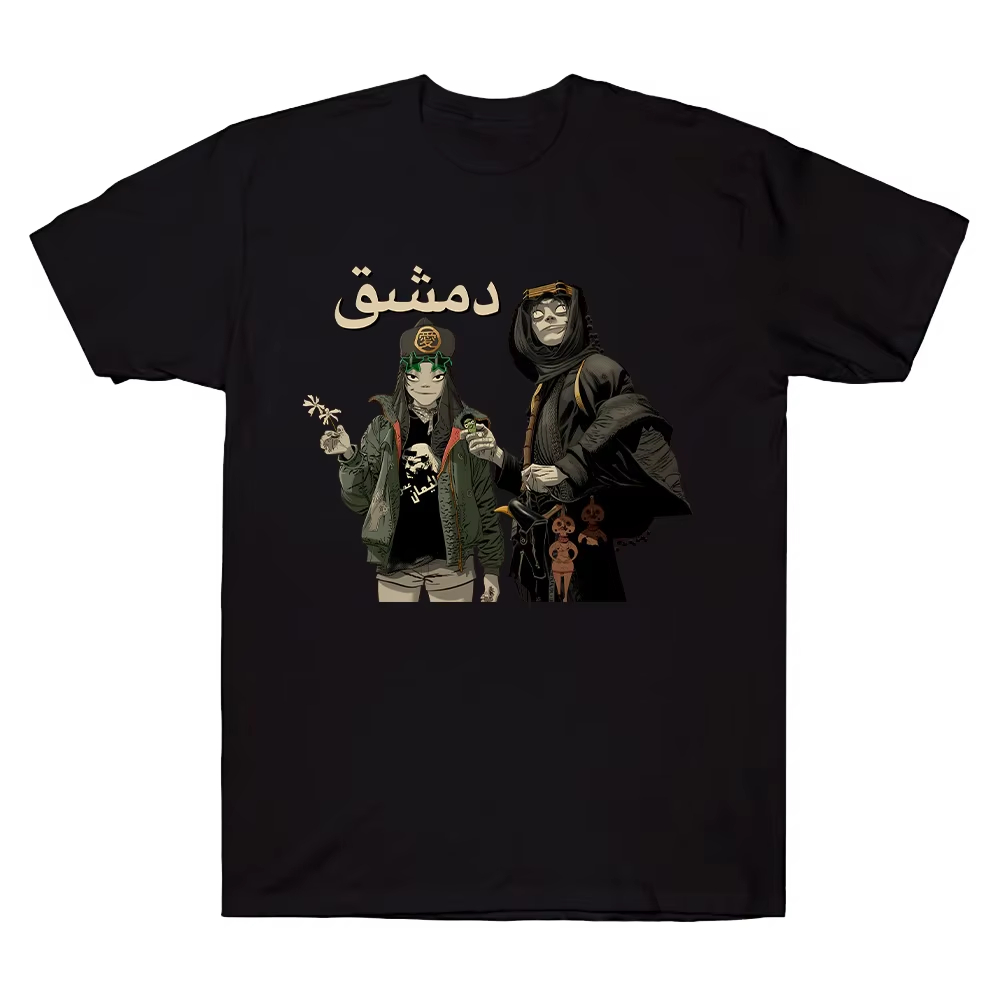 Poster Men Fashion - ロックバンド「ゴリラズ」のダマスカスポスターをプリントしたTシャツ。メンズ、レディース、ストリートウェア、原宿風、ゴシックファッション、オーバーサイズ。