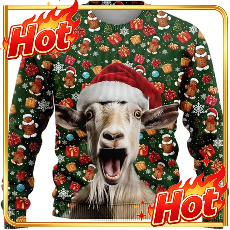 Mens Fashion Clothes - 面白い動物柄のヤギのグラフィックが描かれた、おもしろいクリスマスセーター。ペットの猫や犬をモチーフにした、女性向けのファッションアイテム。クリスマスプレゼントに最適な、ゆったりとしたデザインのトップス。