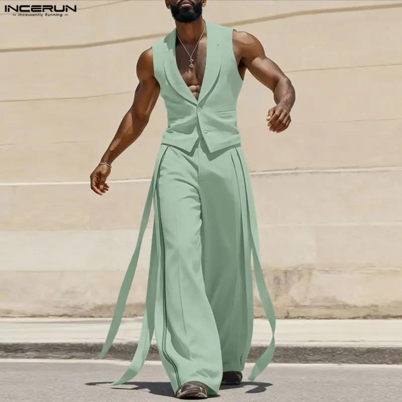 Mens Fashion Summer - INCERUN メンズセットアップ 無地 Vネック ノースリーブベスト＆パンツ ベルト付き