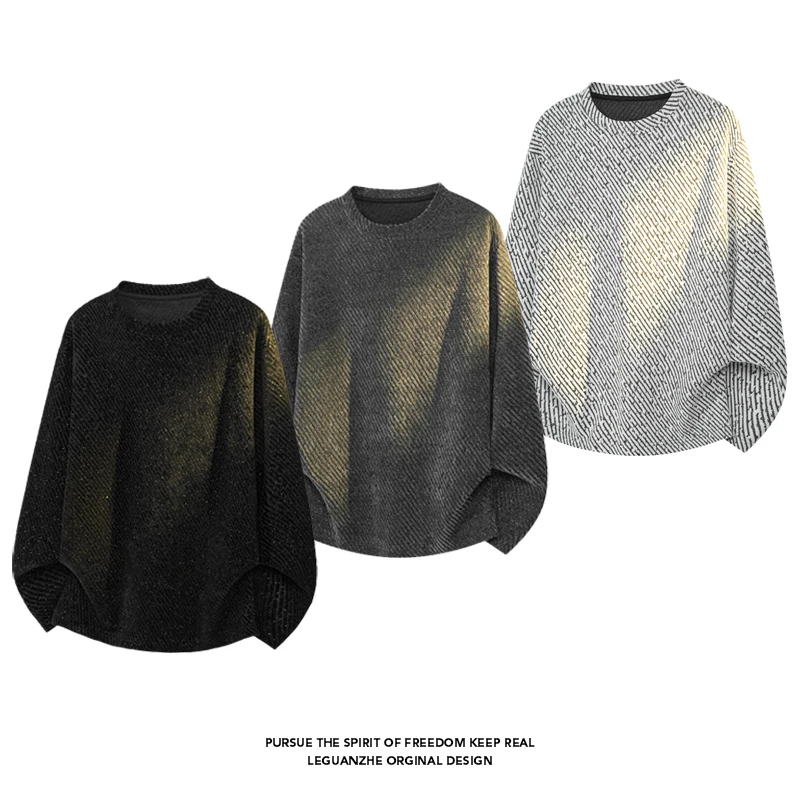 Men'S Fashion T Shirts - メンズ斜めストライプテクスチャード長袖Tシャツ、クルーネック、ルーズフィット、カジュアルストリートウェアプルオーバートップ