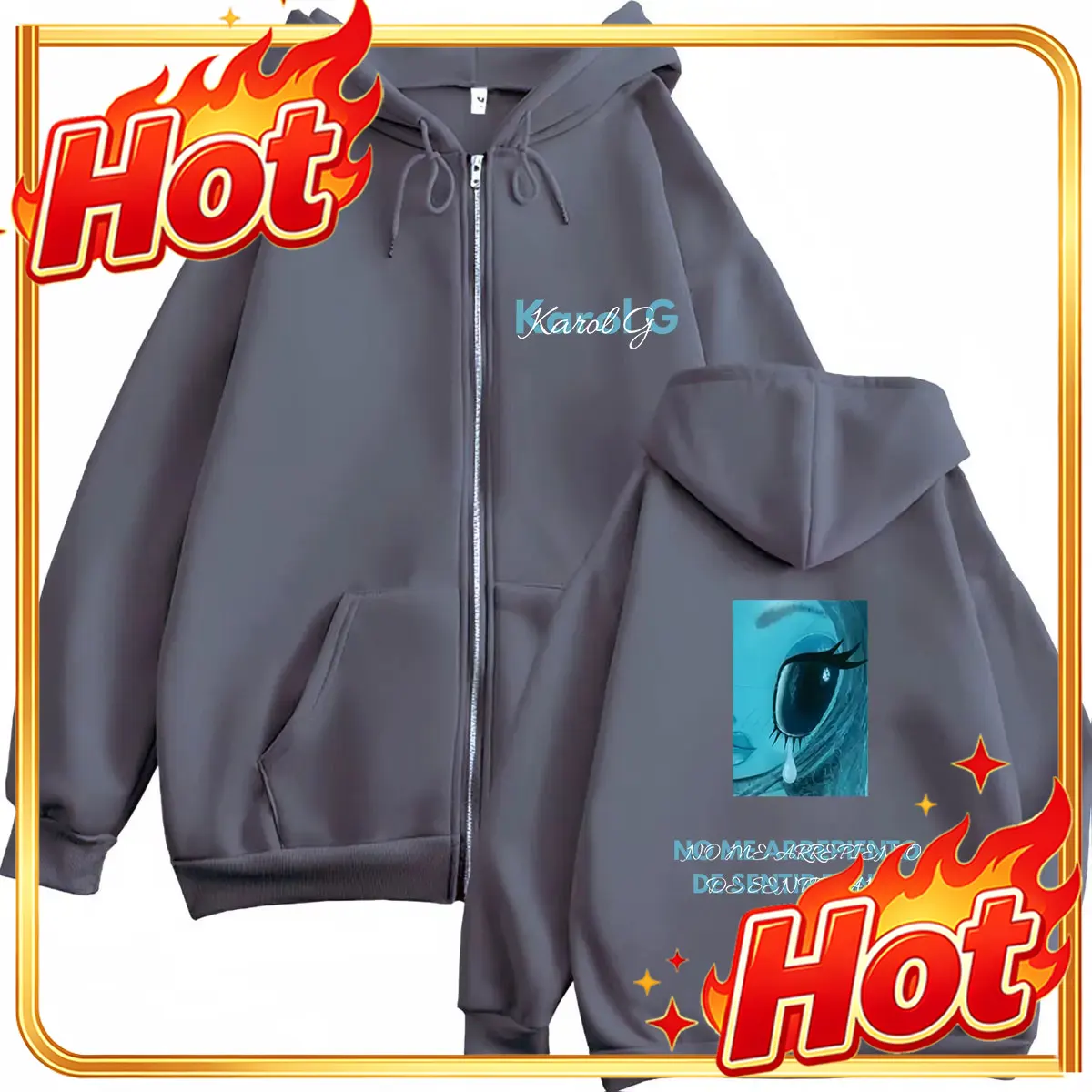Mens Fashion Zip Up Hoodies - カロル・Gのアルバム「No Me Arrepiento De Sentir Tanto」2026年モデル。メンズ・レディース向け、ファッショナブルな長袖、ゆったりとしたシルエットのカジュアルジップアップジャケット。