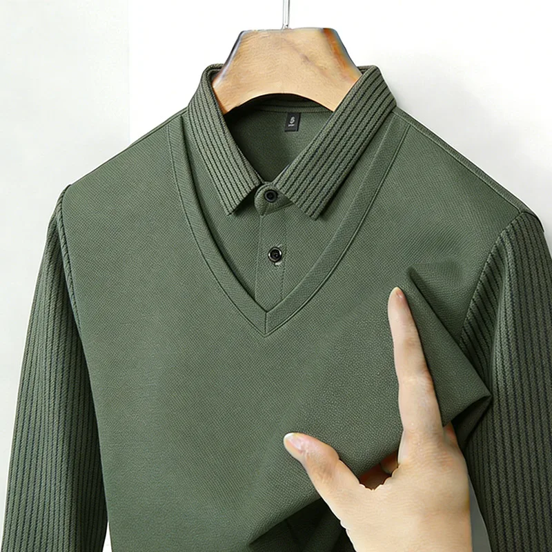 Mens Fashion Clothes - メンズフェイクツーピースシャツ襟 V ネック長袖トップカーキストライプカジュアルファッション柔らかい生地日常着ブラウス