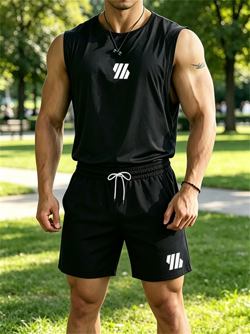Mens Fashion Summer - 2026年新作メンズブランドベスト ツーピースフィットネスランニングスポーツウェア ファッションプリントラウンドネックベスト/通気性ショートパンツセット