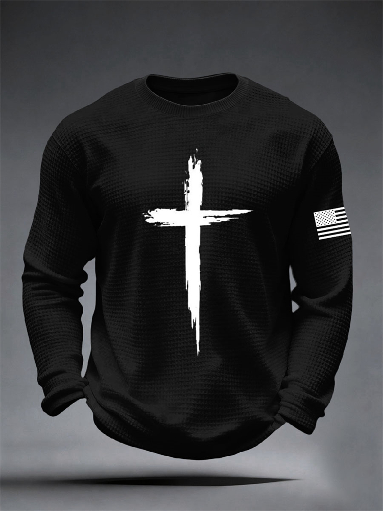 Men'S Fashion T Shirts - 新作、秋のメンズ用、ゆったりとしたシルエットで着心地の良い、スポーツ＆カジュアルスタイル、クロス柄のラウンドネック長袖Tシャツ。