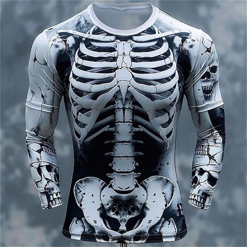 Men'S Fashion T Shirts - 3Dプリントの骸骨柄Tシャツ。メンズ用、長袖、カジュアルファッション、トップス、スウェットシャツ、通気性に優れたストリートウェア、ゆったりとしたデザイン。