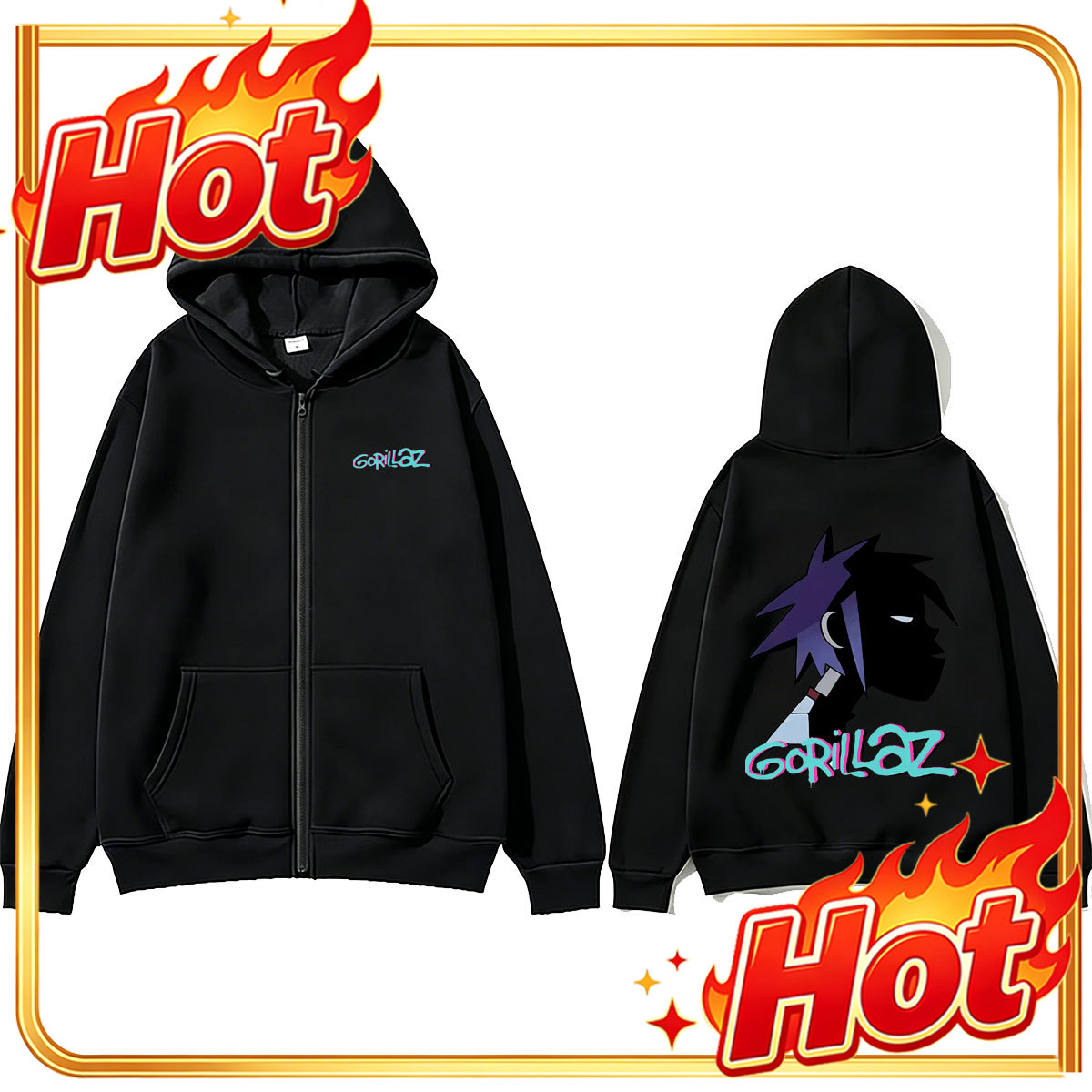Mens Fashion Zip Up Hoodies - ロックバンド「ゴリラズ」の顔をあしらったグラフィックプリントのジップアップパーカー。メンズ、レディース、ファッション、ヒップホップ、オーバーサイズ、ジップアップジャケット、メンズ、ヴィンテージ、ゴシック、ストリートウェア。