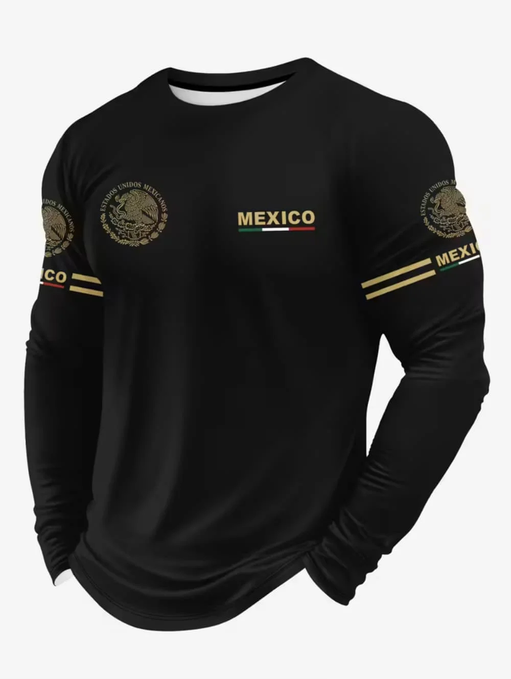 Mens Fashion Clothes - メンズメキシコイーグルプリントTシャツ、ファッショナブルで快適な長袖Tシャツ、カジュアルなOネックプルオーバー、秋向けのゆったりとしたメンズトップス