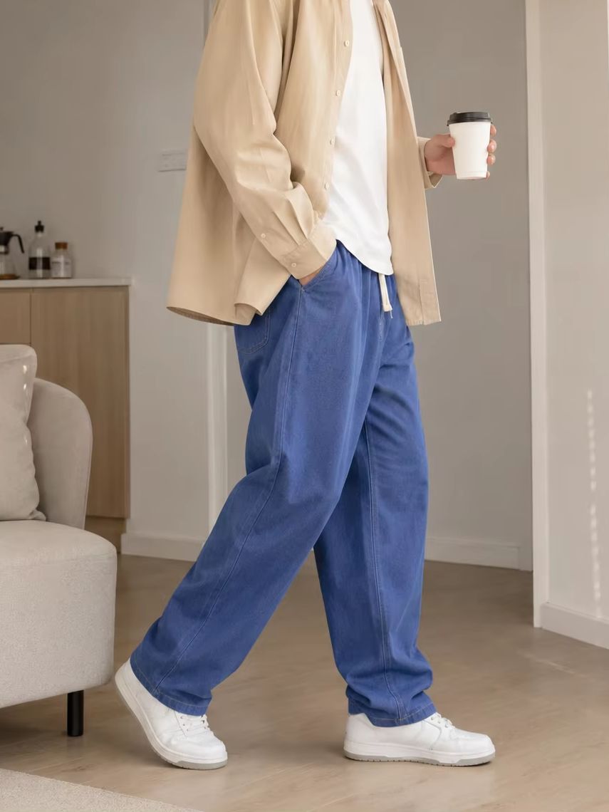 Men'S Fashion Grey Jeans - メンズカジュアルバギージーンズルーズストレートレッグ秋冬ウォッシュデニムパンツストリートウェアドローストリングファッションパンツブルーグレー