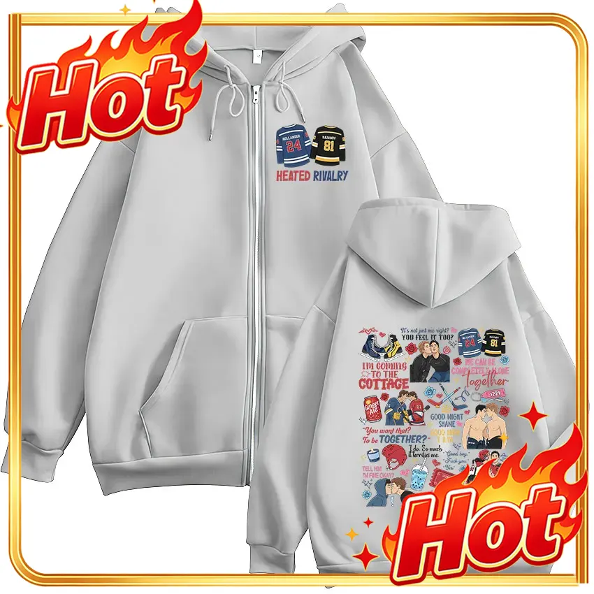 Mens Fashion Zip Up Hoodies - 「Heated Rivalry」プリント入り、ジッパー付きパーカー。メンズ、レディース、ファッション、原宿スタイル、長袖、ジップアップ、スウェットシャツ、ヴィンテージ、オーバーサイズ、フード付きジャケット。