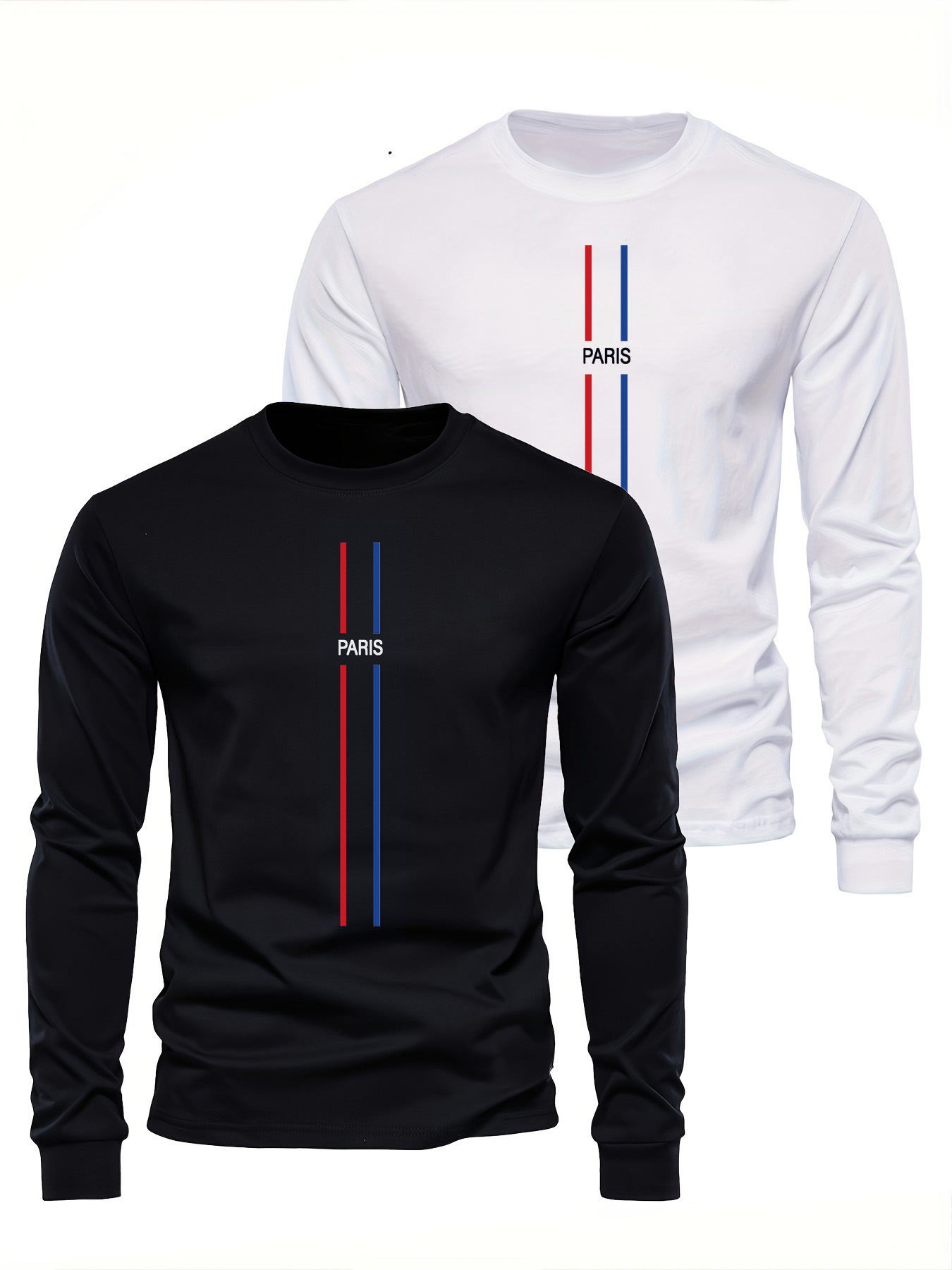 Men'S Fashion T Shirts - 100％純綿を使用した、メンズ用長袖、丸首、ゆったりとしたシルエットのカジュアルTシャツ。パリの柄がプリントされており、春と秋に着用できる、さまざまなスタイルに合わせやすい一着。