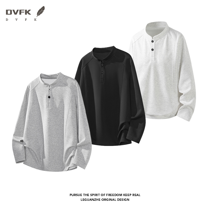 Mens Fashion Summer - メンズ ラグランスリーブ ヘンリーネック 長袖シャツ ハーフボタン ルーズ