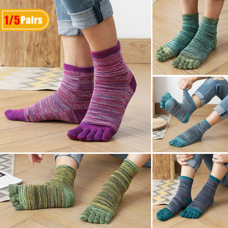Socks Ankle Men - 1/5 ペア男カラフルなつま先ハッピーソックスショートコットンヴィンテージ吸汗通気性暖かいファッション 5 本指靴下学生