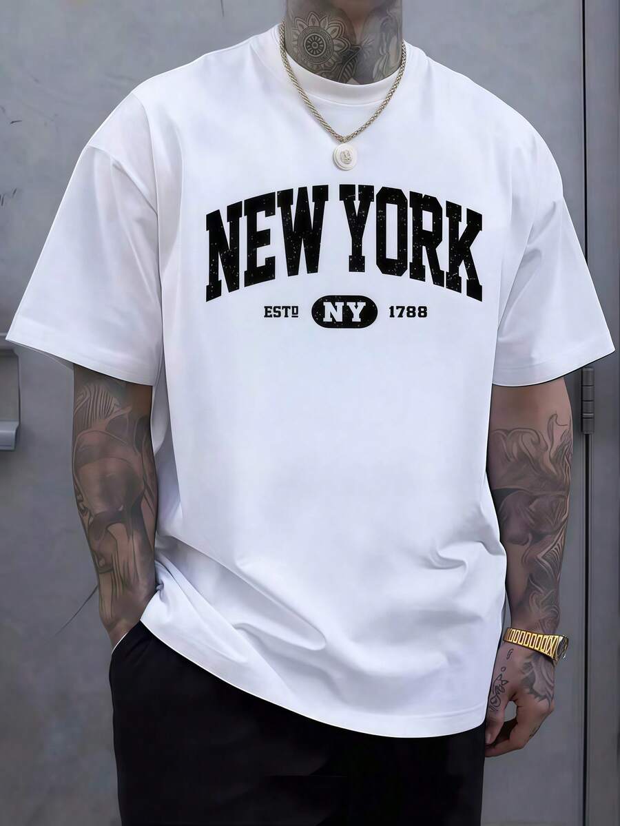 Men'S Fashion New York - メンズ服 ニューヨーク文字プリント ホワイトTシャツ 1枚、ユニセックスカジュアルクルーネックTシャツ、プラスサイズメンズウェア 5XL、軽量 2