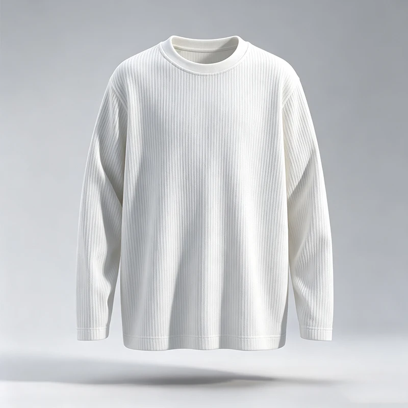 Men'S Fashion T Shirts - メンズ、縦リブのクルーネック、長袖Tシャツ、ゆったりとしたシルエット、柔らかいニット素材、カジュアルなトップス、通気性に優れたベーシックな普段着。