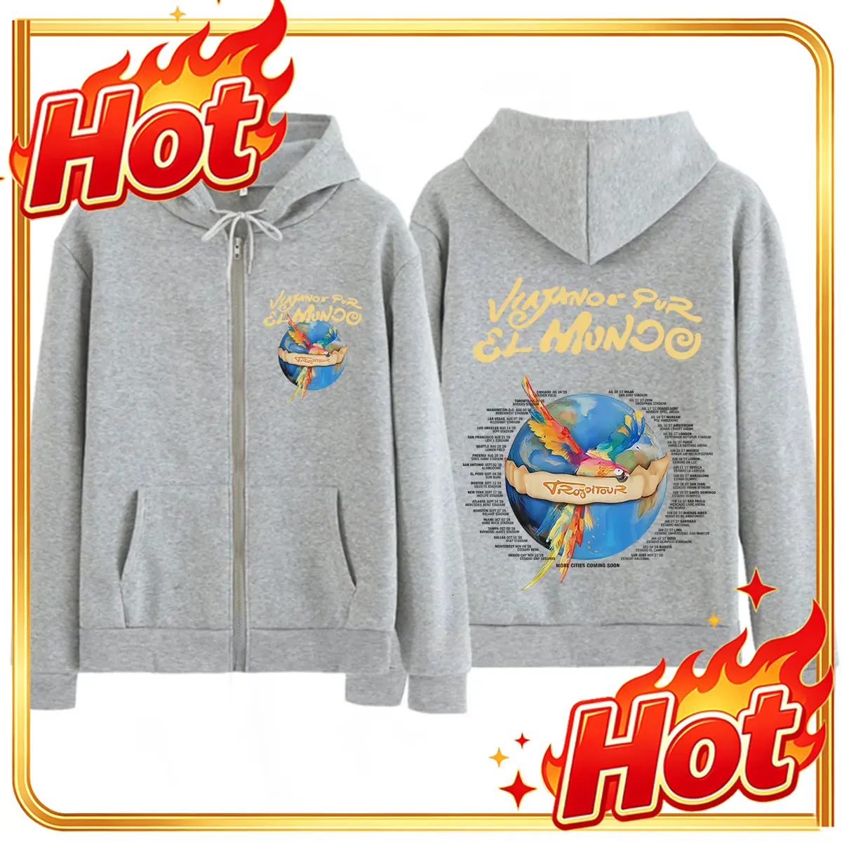 Mens Fashion Zip Up Hoodies - カロル・G「世界を旅する」Tropitour 2026 グラフィックプリント ジップアップパーカー メンズ レディース