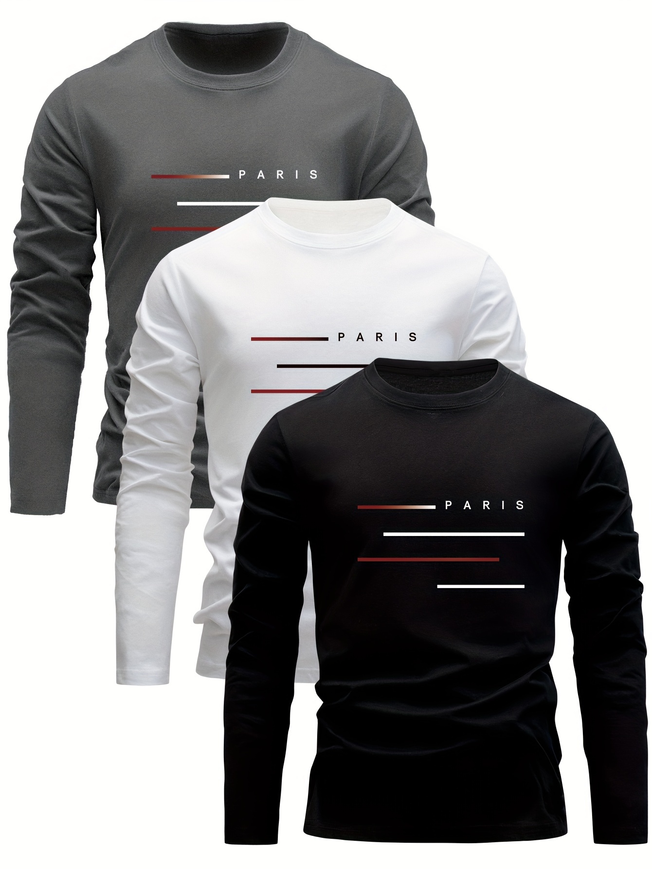 Men'S Fashion T Shirts - 100％コットン素材のメンズ長袖、丸首、ゆったりとしたシルエットのパリ風レタープリントTシャツ。秋・冬に最適なカジュアルで着回ししやすいトップス。