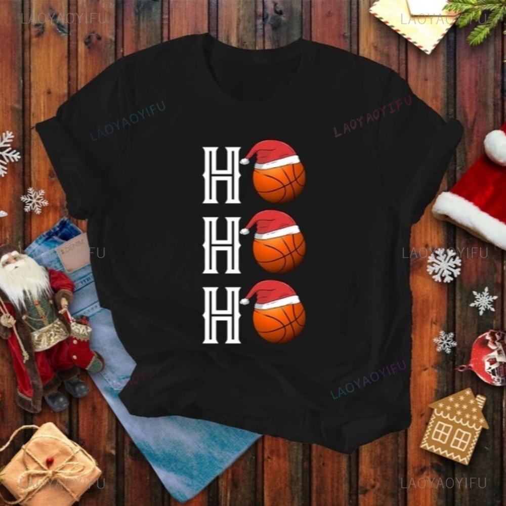 Men'S Fashion With Hat - ホーホーホーバスケットボールサンタ帽子クリスマスコットンTシャツカジュアルファッションルーズ原宿スポーツ愛好家Tシャツ半袖服