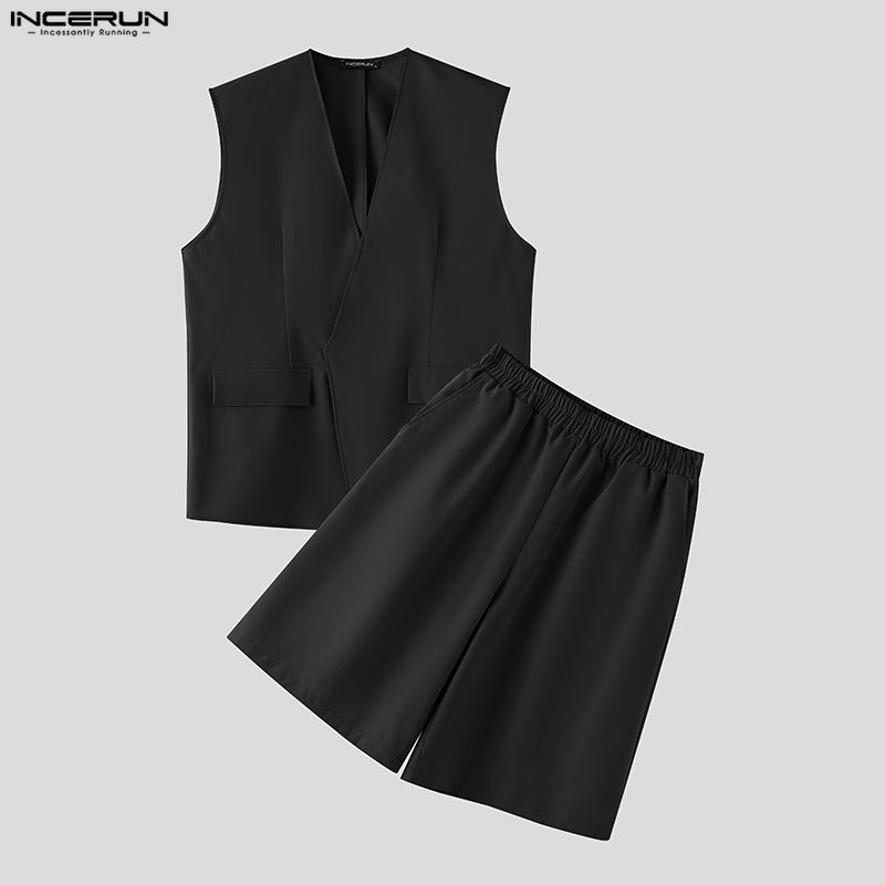 Mens Fashion Summer - INCERUN メンズセット ソリッドカラー Vネック ノースリーブベスト＆ショーツ ツーピースセット
