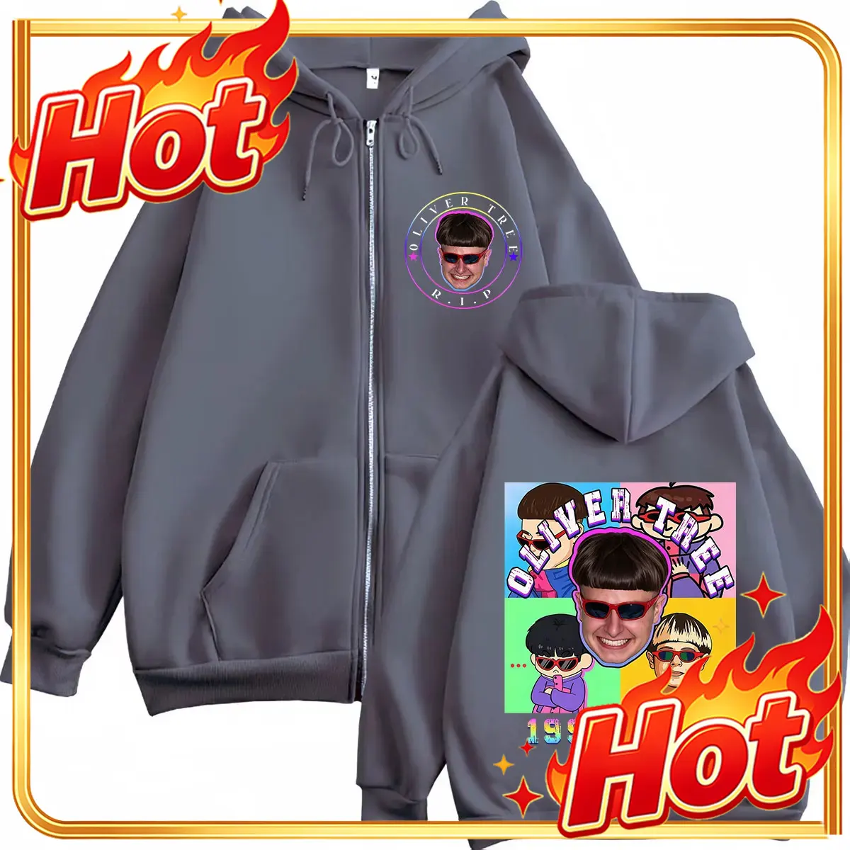 Mens Fashion Zip Up Hoodies - オリバー・ツリー ポップロック音楽 2026 プリント ジッパー付きパーカー メンズ