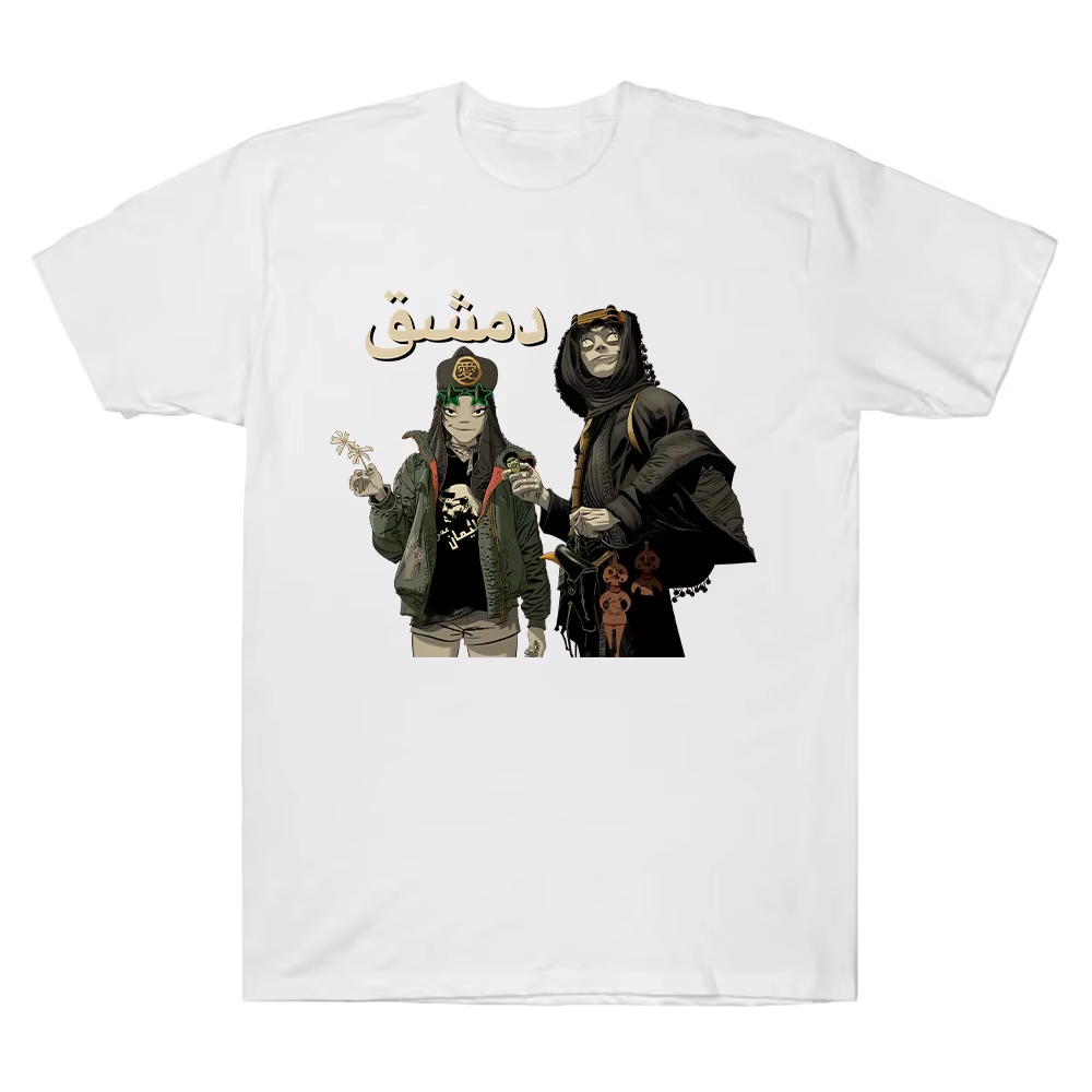 ロックバンド「ゴリラズ」のダマスカスポスターをプリントしたT - Poster Men Fashion のレビューと価格