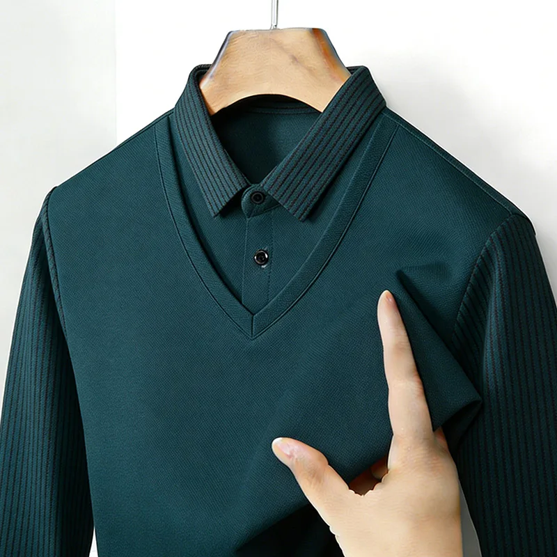 メンズフェイクツーピースシャツ襟 V ネック長袖トップカーキ - Mens Fashion Clothes のレビューと価格